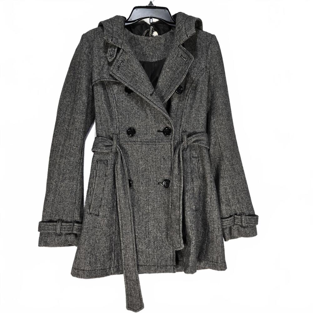H&M Divided Gray Tweed Hooded Trench Coat Double Breasted Wool Blend Jacket Sz 4